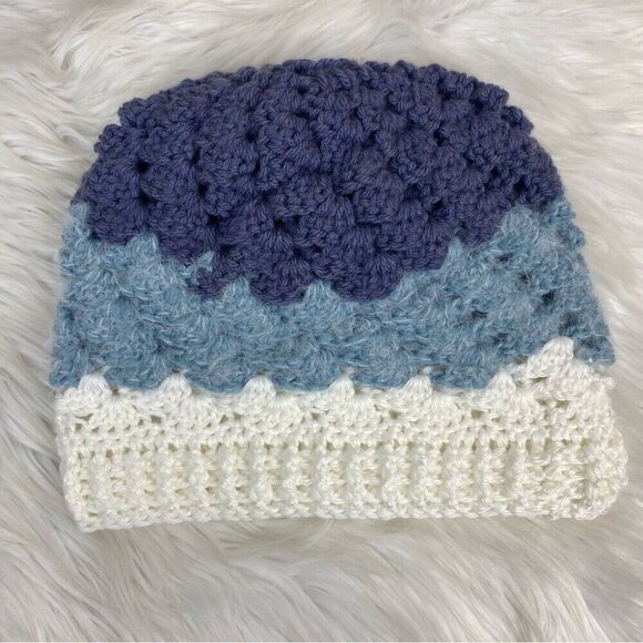 Handmade Women's NEW Braided Virgin Wool Knit Beanie - White Light Blue and Blue - Picture 8 of 12